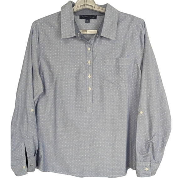 Tommy Hilfiger XL Button Down Shirt Blue With White Polka Dots Pristine - Picture 1 of 12